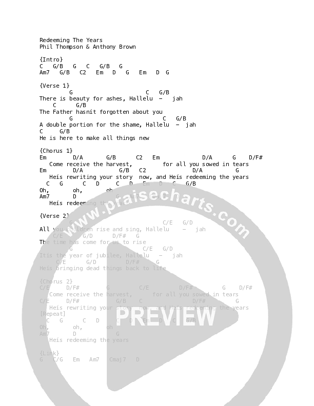 Redeeming The Years Chord Chart (Phil Thompson / Anthony Brown)