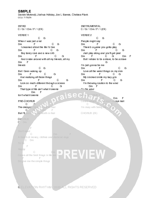Simple Chord Chart (Elevation Rhythm / Joe L. Barnes)