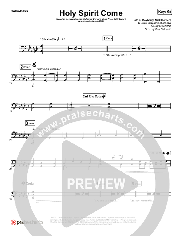 Holy Spirit Come Cello/Bass (Patrick Mayberry)