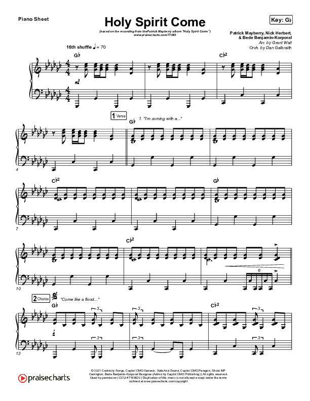 Holy Spirit Come Piano Sheet (Patrick Mayberry)
