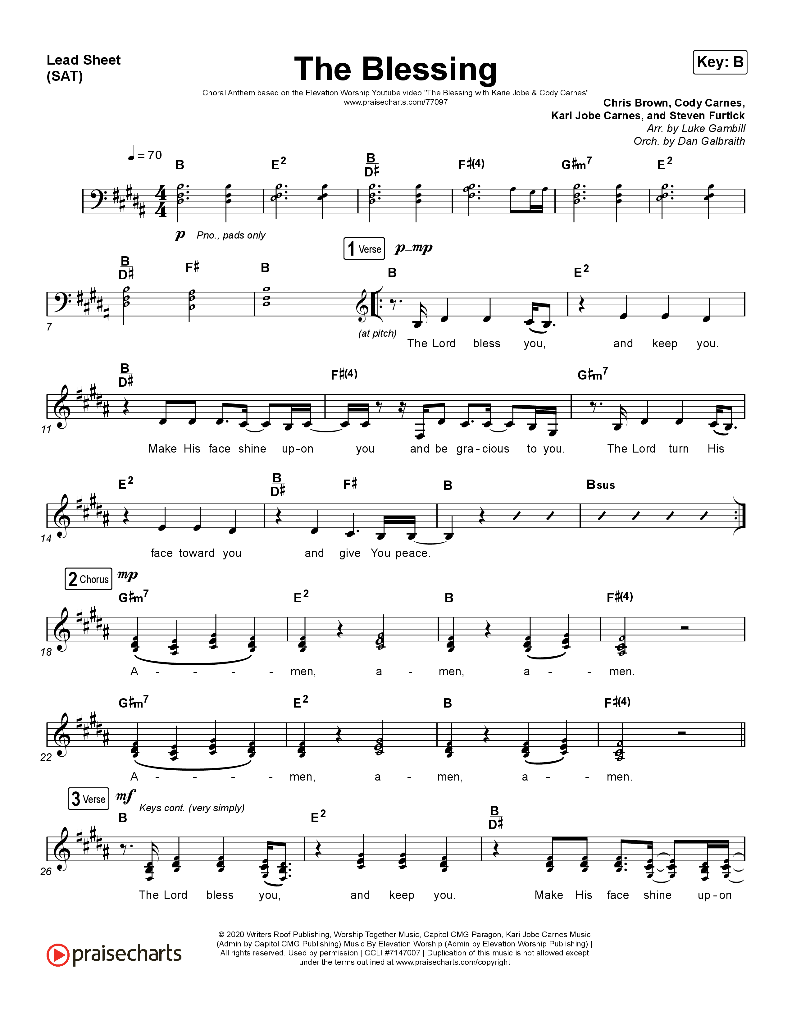 The Blessing (Choral Anthem SATB) Lead Sheet (SAT) (Cody Carnes / Kari Jobe / Elevation Worship / Arr. Luke Gambill)