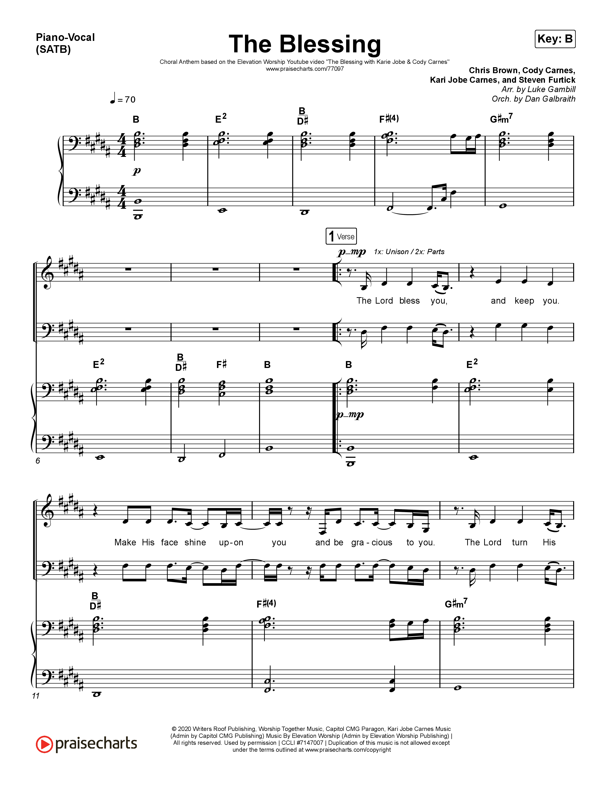 The Blessing (Choral Anthem SATB) Piano/Vocal (SATB) (Cody Carnes / Kari Jobe / Elevation Worship / Arr. Luke Gambill)