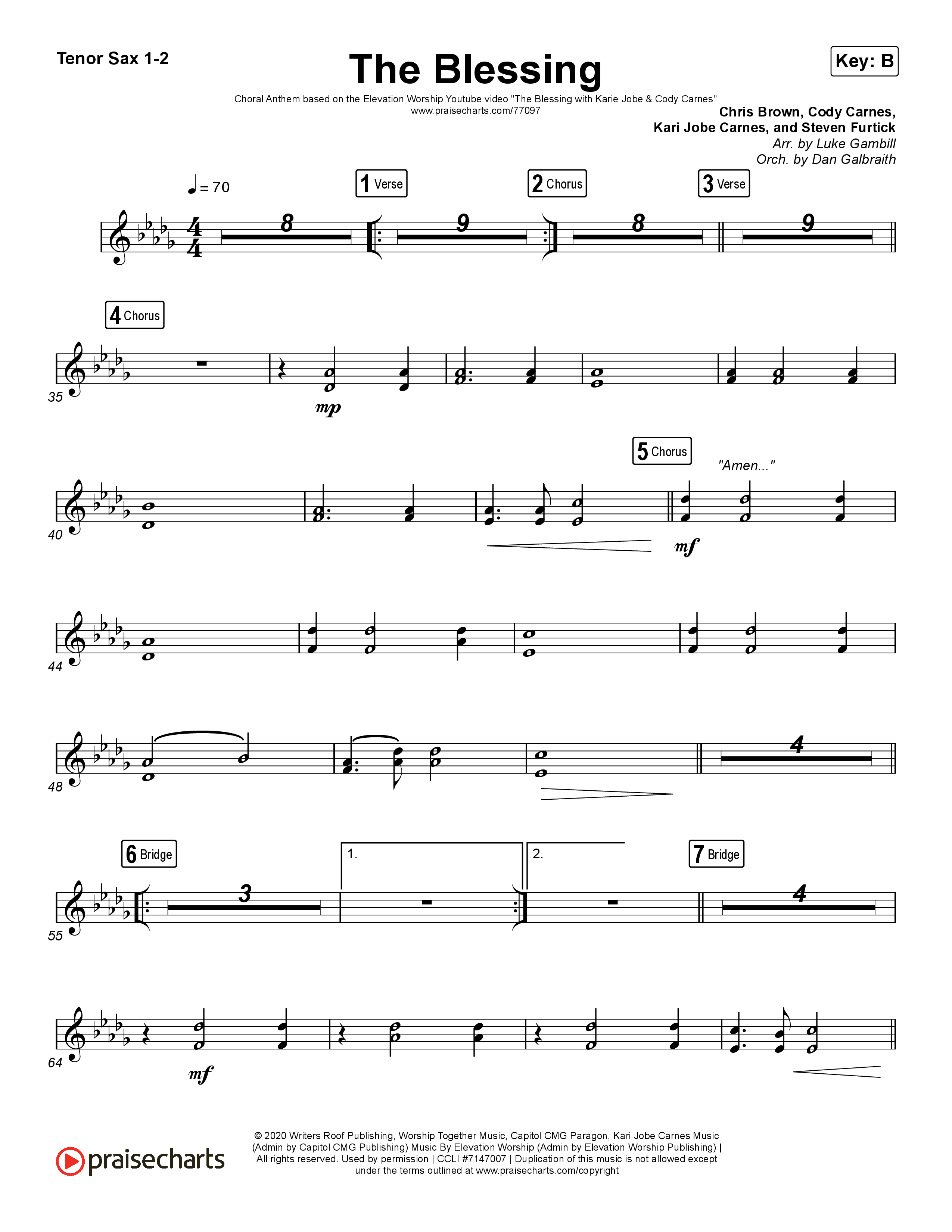 The Blessing (Choral Anthem SATB) Tenor Sax 1/2 (Cody Carnes / Kari Jobe / Elevation Worship / Arr. Luke Gambill)