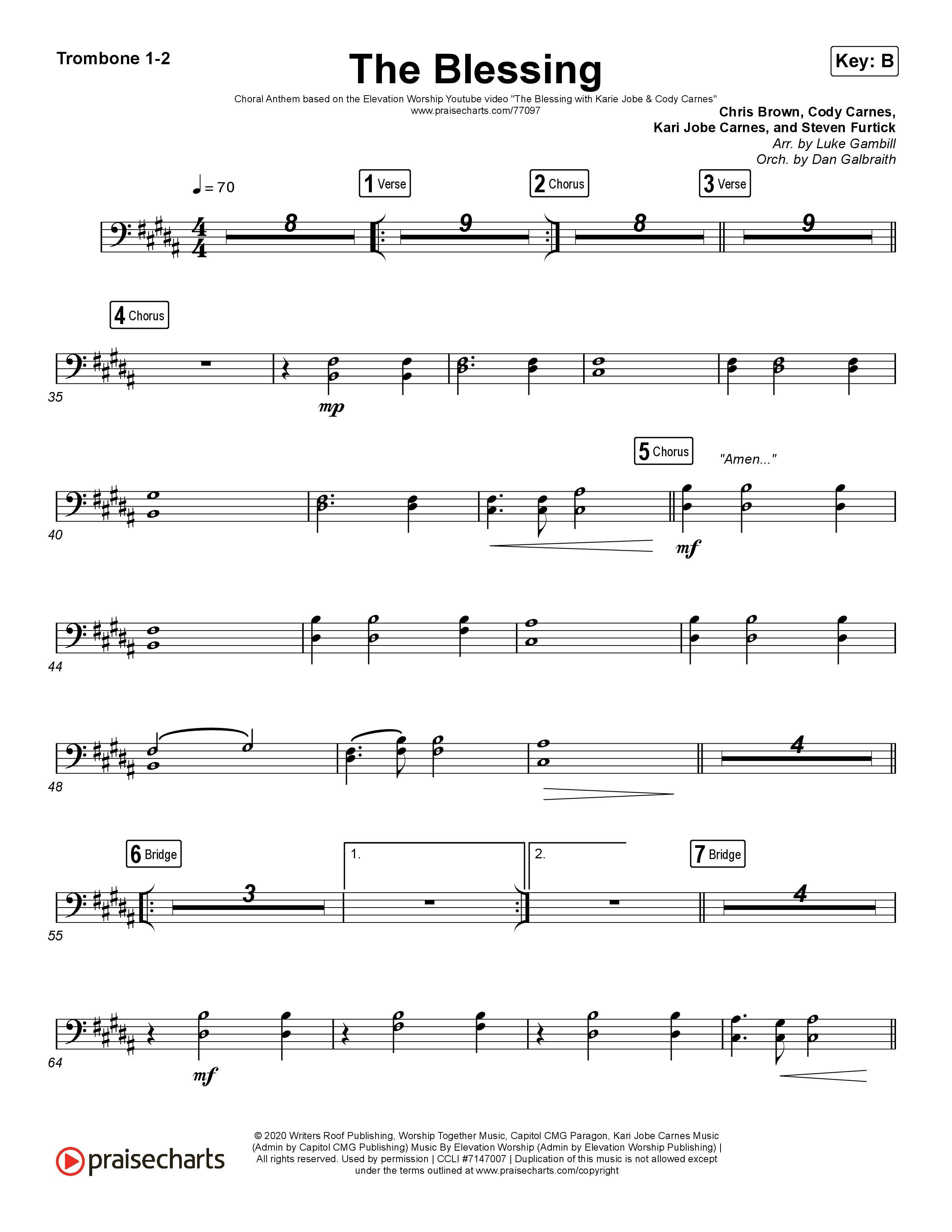 The Blessing (Choral Anthem SATB) Trombone 1/2 (Cody Carnes / Kari Jobe / Elevation Worship / Arr. Luke Gambill)
