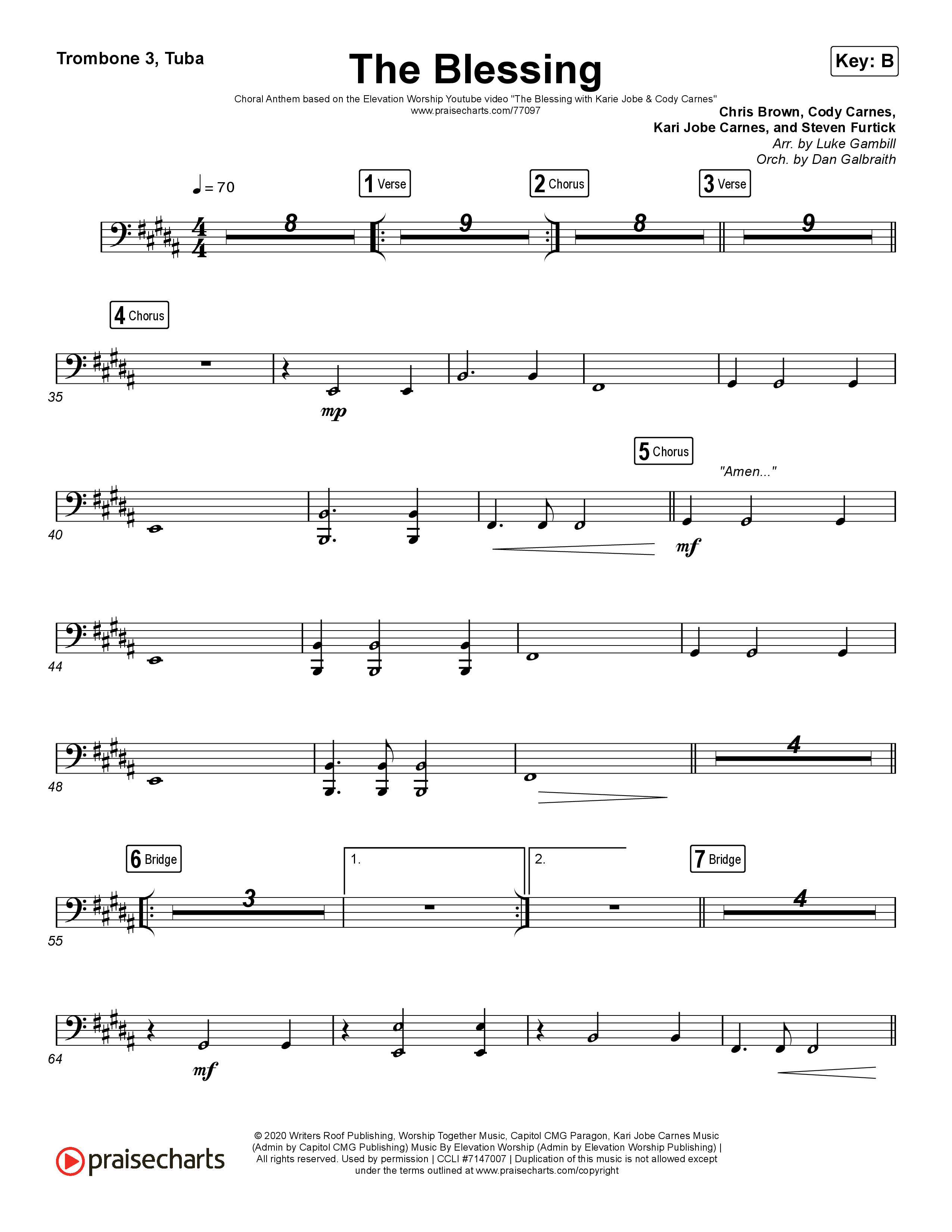 The Blessing (Choral Anthem SATB) Trombone 3/Tuba (Cody Carnes / Kari Jobe / Elevation Worship / Arr. Luke Gambill)