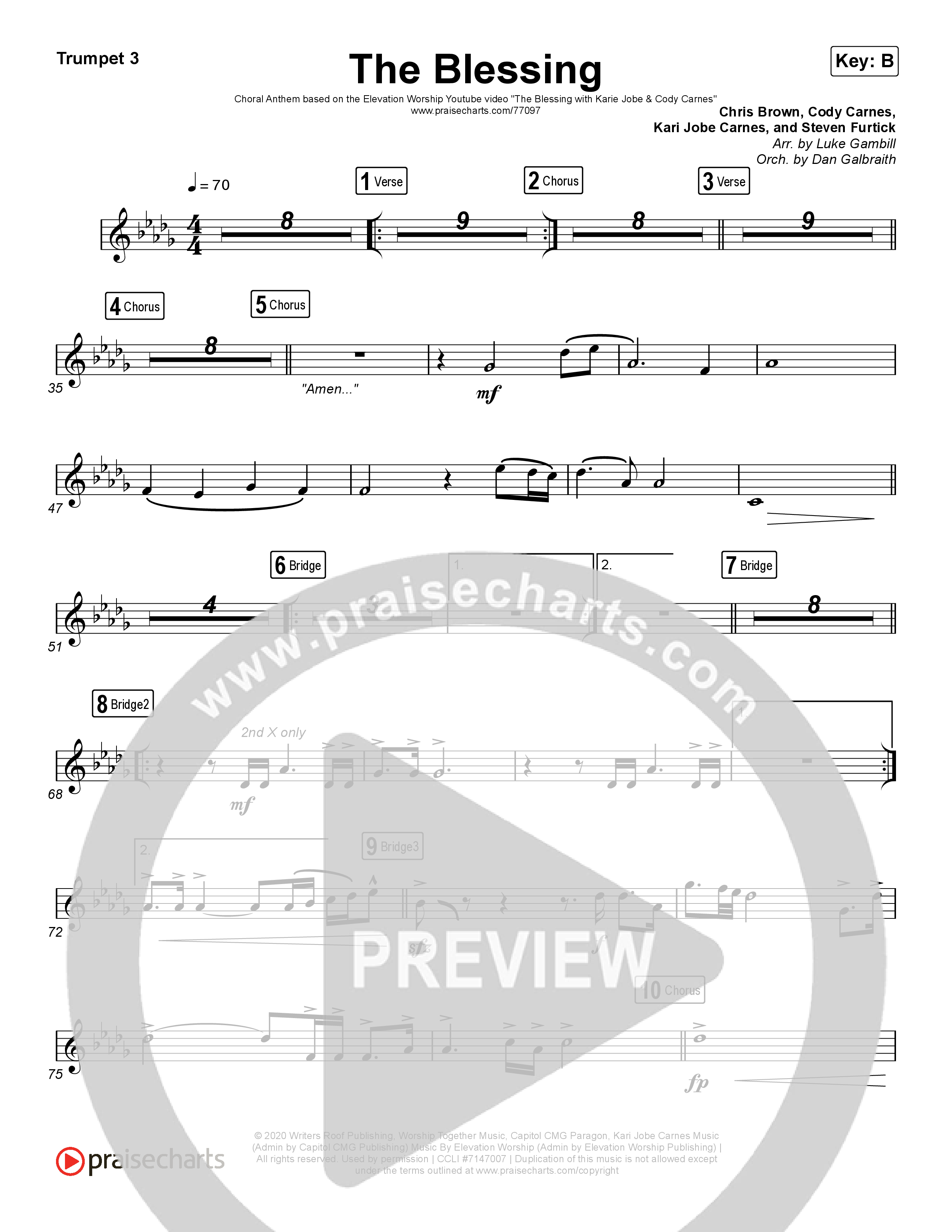 The Blessing (Choral Anthem SATB) Trumpet 3 (Cody Carnes / Kari Jobe / Elevation Worship / Arr. Luke Gambill)