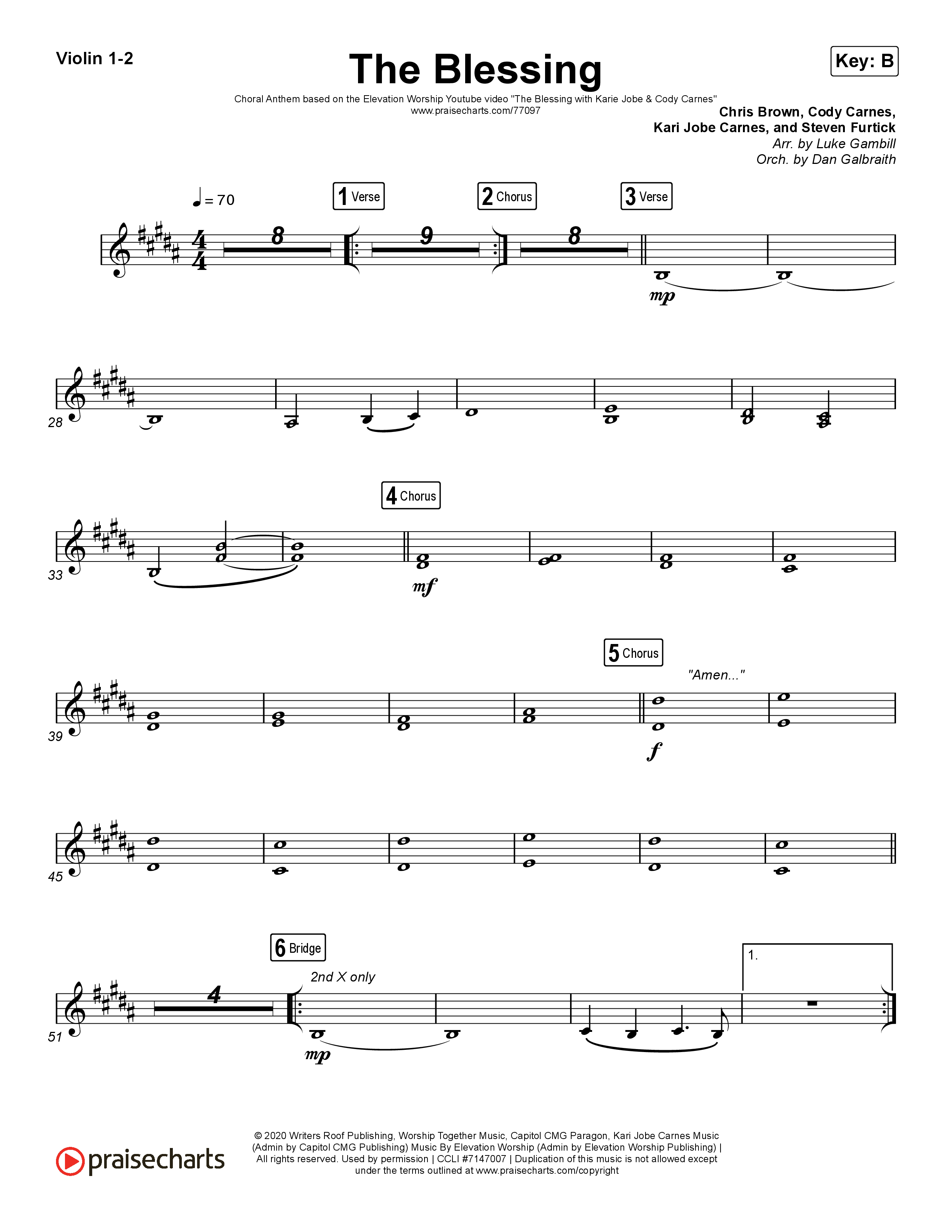 The Blessing (Choral Anthem SATB) Violin 1/2 (Cody Carnes / Kari Jobe / Elevation Worship / Arr. Luke Gambill)