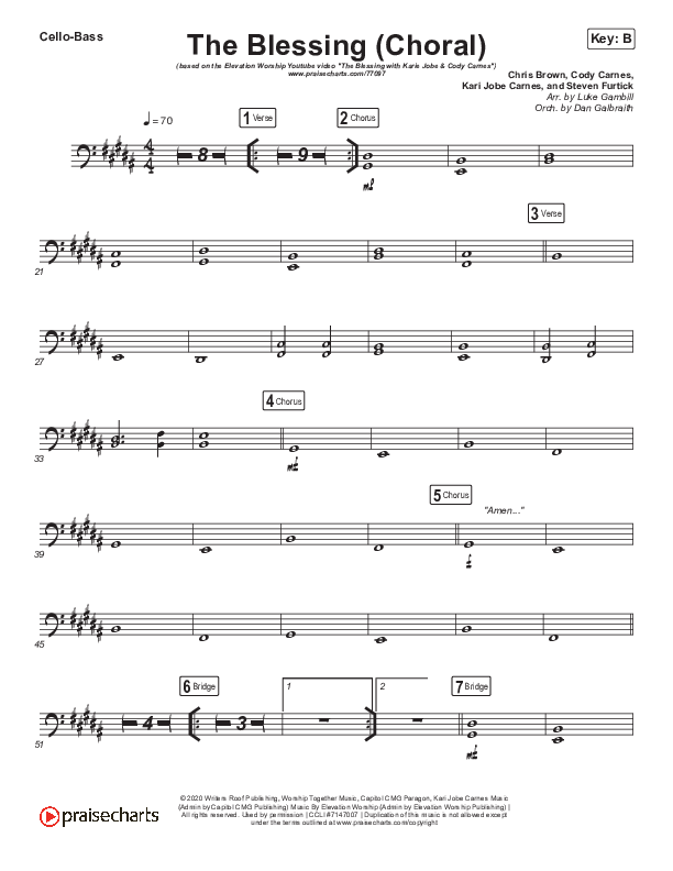 The Blessing (Choral Anthem SATB) Cello/Bass (Cody Carnes / Kari Jobe / Elevation Worship / Arr. Luke Gambill)
