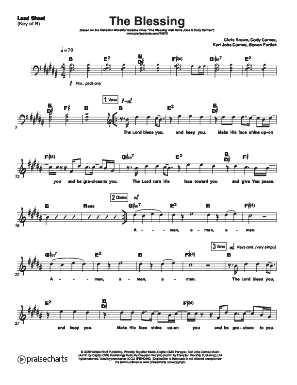 The Blessing (Choral Anthem SATB) Lead Sheet (Melody) (Cody Carnes / Kari Jobe / Elevation Worship / Arr. Luke Gambill)