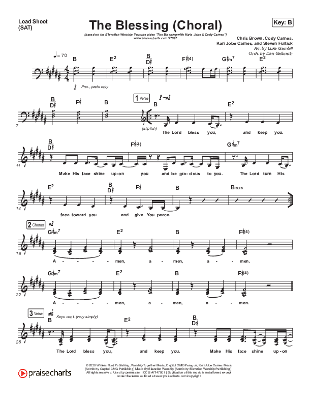 The Blessing (Choral Anthem SATB) Lead Sheet (SAT) (Cody Carnes / Kari Jobe / Elevation Worship / Arr. Luke Gambill)