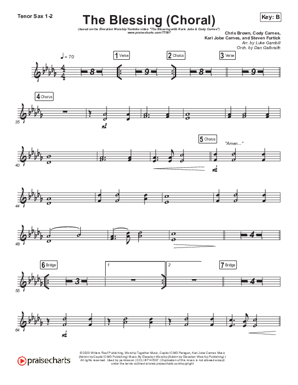 The Blessing (Choral Anthem SATB) Tenor Sax 1/2 (Cody Carnes / Kari Jobe / Elevation Worship / Arr. Luke Gambill)