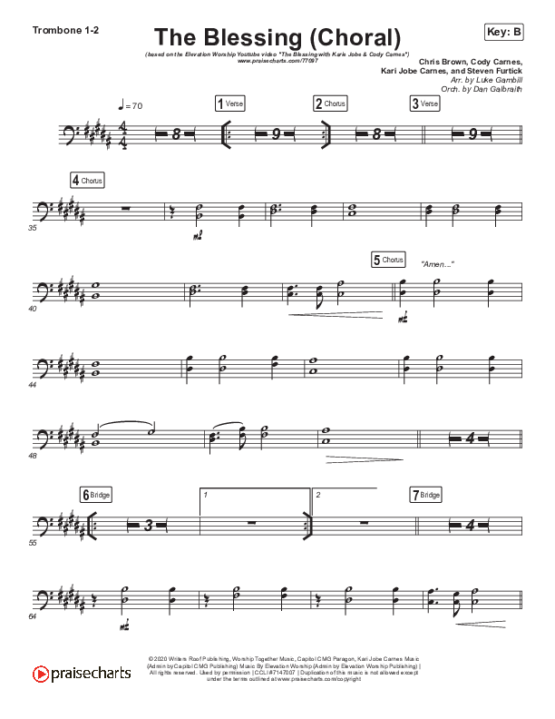 The Blessing (Choral Anthem SATB) Trombone 1/2 (Cody Carnes / Kari Jobe / Elevation Worship / Arr. Luke Gambill)