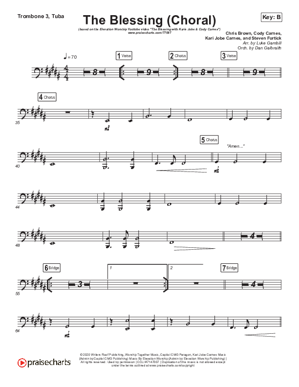 The Blessing (Choral Anthem SATB) Trombone 3/Tuba (Cody Carnes / Kari Jobe / Elevation Worship / Arr. Luke Gambill)