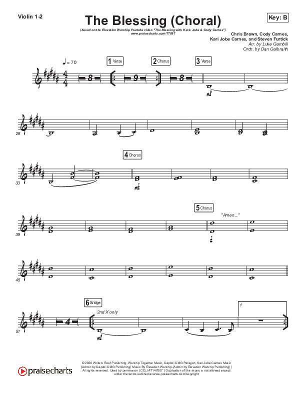 The Blessing (Choral Anthem SATB) Violin 1/2 (Cody Carnes / Kari Jobe / Elevation Worship / Arr. Luke Gambill)
