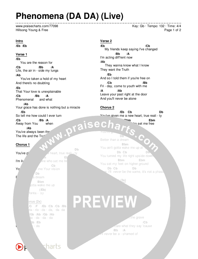 Phenomena (DA DA) (Live) Chords & Lyrics (Hillsong Young & Free)