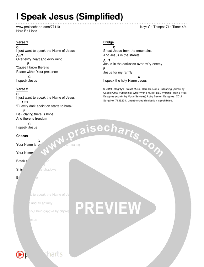 I Speak Jesus (Simplified) Chord Chart (Here Be Lions)