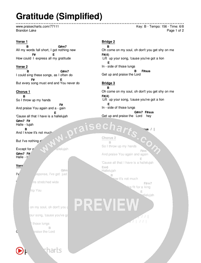 Gratitude (Simplified) Chord Chart (Brandon Lake)