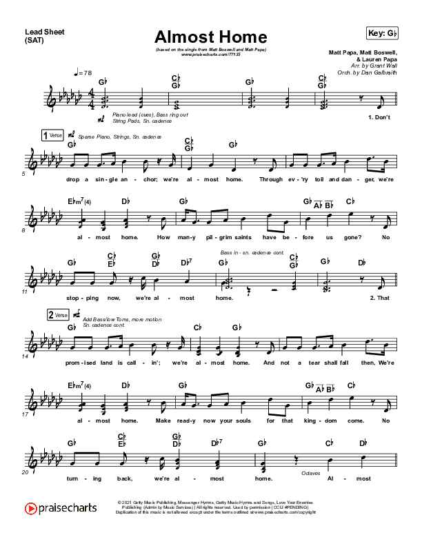 Almost Home Lead Sheet (SAT) (Matt Boswell / Matt Papa)