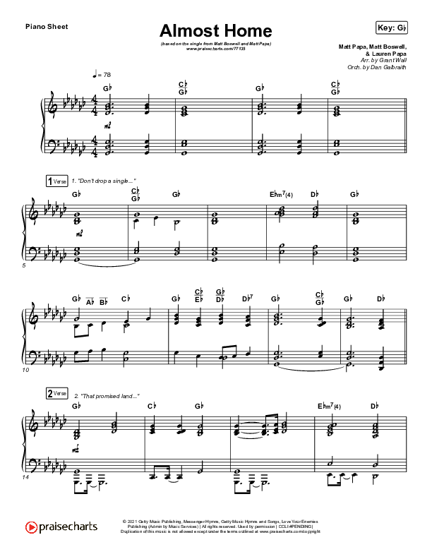 Almost Home Piano Sheet (Matt Boswell / Matt Papa)