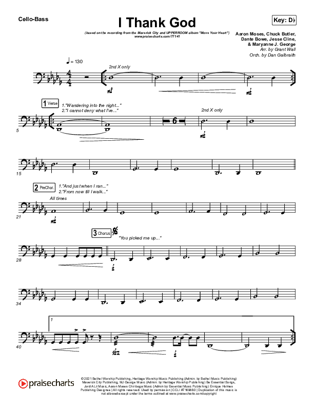 I Thank God Cello/Bass (Maverick City Music / Dante Bowe / Aaron Moses / Maryanne J. George / Chuck Butler)