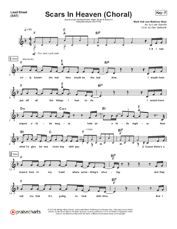 Scars In Heaven (Choral Anthem SATB) Lead Sheet (SAT) (Casting Crowns / Arr. Luke Gambill)