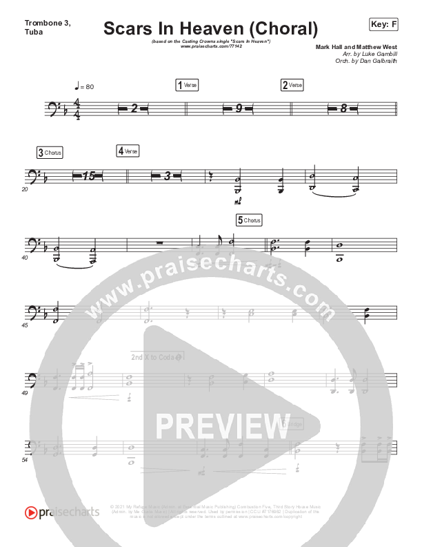 Scars In Heaven (Choral Anthem SATB) Trombone 3/Tuba (Casting Crowns / Arr. Luke Gambill)