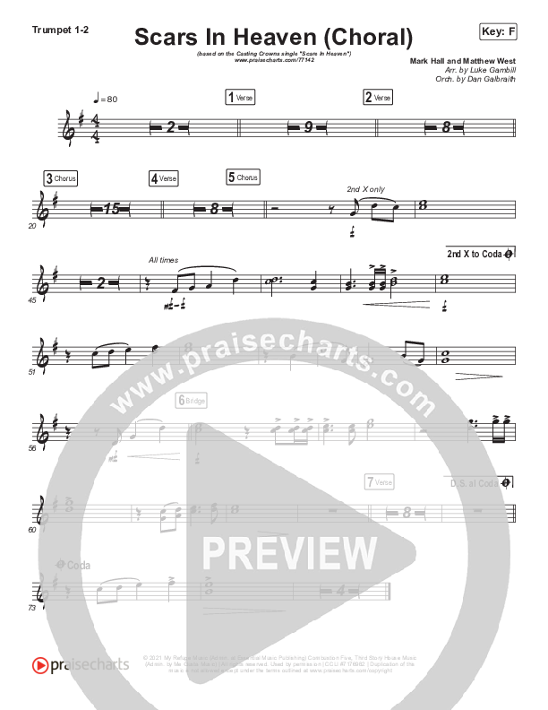 Scars In Heaven (Choral Anthem SATB) Trumpet 1,2 (Casting Crowns / Arr. Luke Gambill)