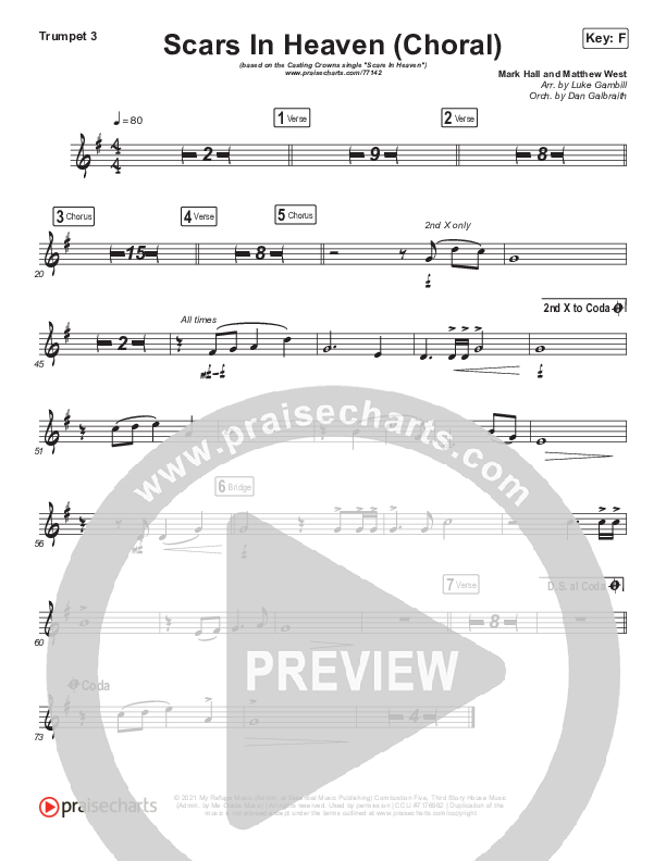 Scars In Heaven (Choral Anthem SATB) Trumpet 3 (Casting Crowns / Arr. Luke Gambill)