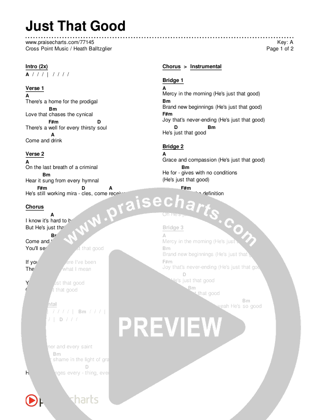 Just That Good Chords & Lyrics (Cross Point Music / Heath Balltzglier)