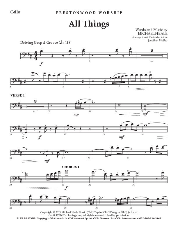 All Things (Choral Anthem SATB) Cello (Prestonwood Worship / Prestonwood Choir / TaRanda Greene / Arr. Jonathan Walker)