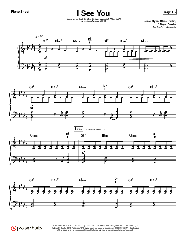 I See You Piano Sheet (Chris Tomlin / Brandon Lake)