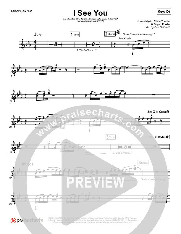 I See You Tenor Sax 1/2 (Chris Tomlin / Brandon Lake)