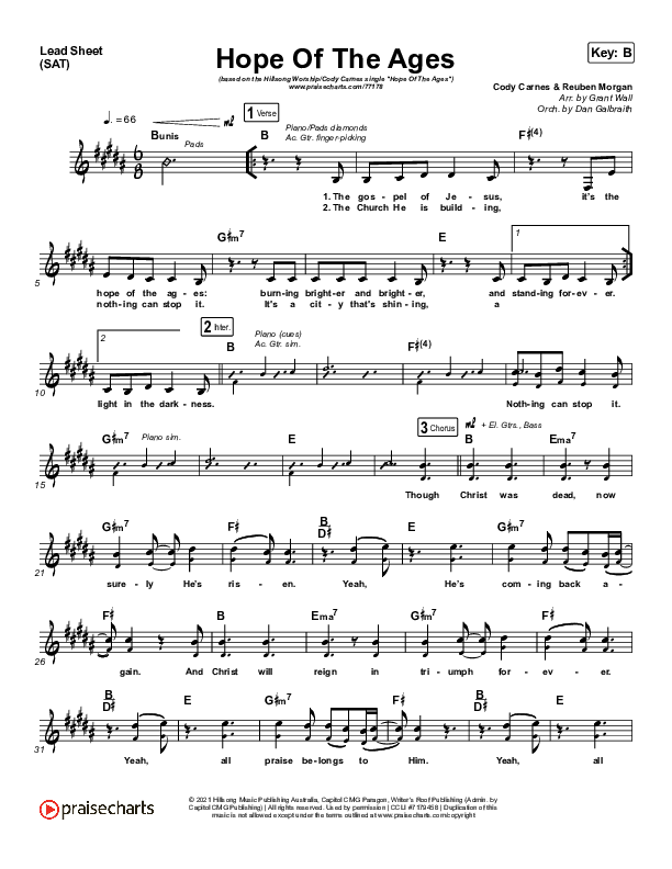 Hope Of The Ages Lead Sheet (SAT) (Hillsong Worship / Cody Carnes / Reuben Morgan)