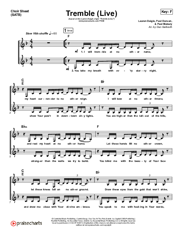 Tremble (Live) Choir Sheet (SATB) (Lauren Daigle)