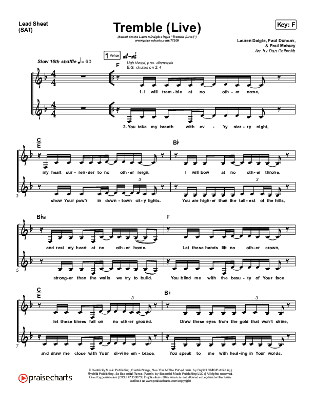 Tremble (Live) Lead Sheet (SAT) (Lauren Daigle)