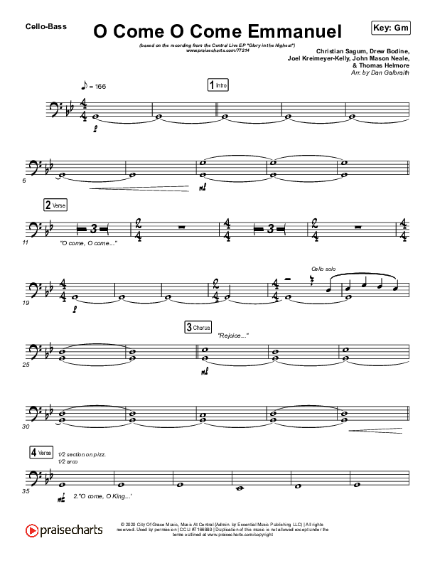 O Come O Come Emmanuel Cello/Bass (Central Live)