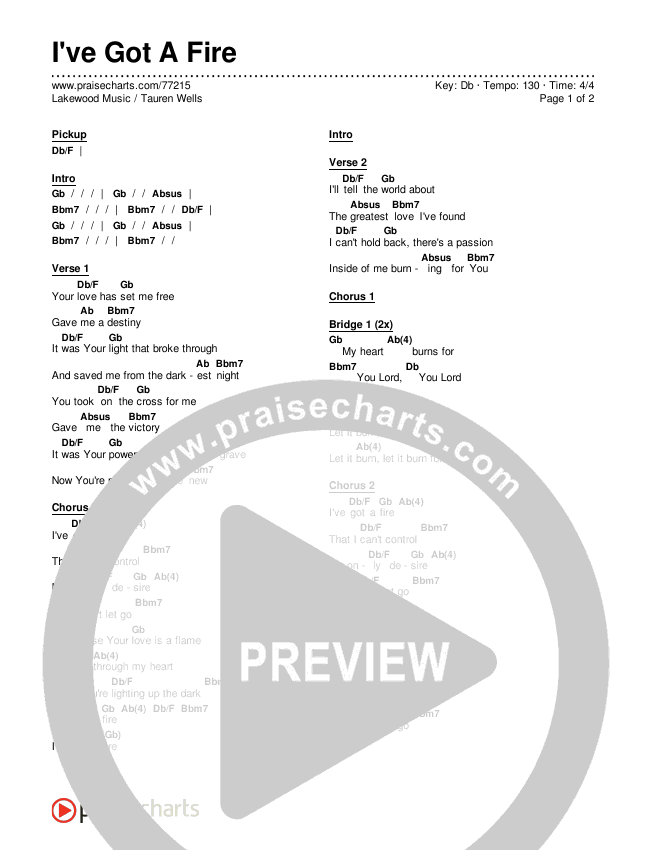 I've Got A Fire Chords & Lyrics (Lakewood Music / Tauren Wells)