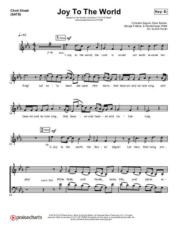 Joy To The World Choir Sheet (SATB) (Central Live)
