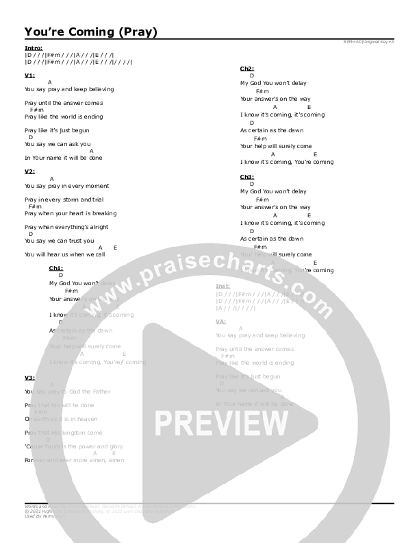 You're Coming (Pray) Chord Chart (Highlands Worship)
