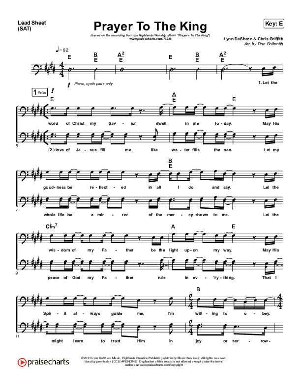 Prayer To The King Lead Sheet (SAT) (Highlands Worship)