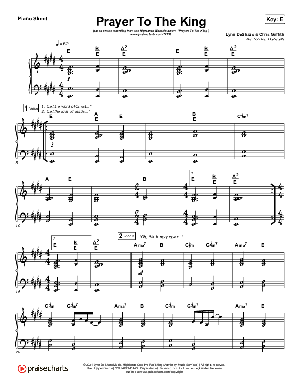 Prayer To The King Piano Sheet (Highlands Worship)