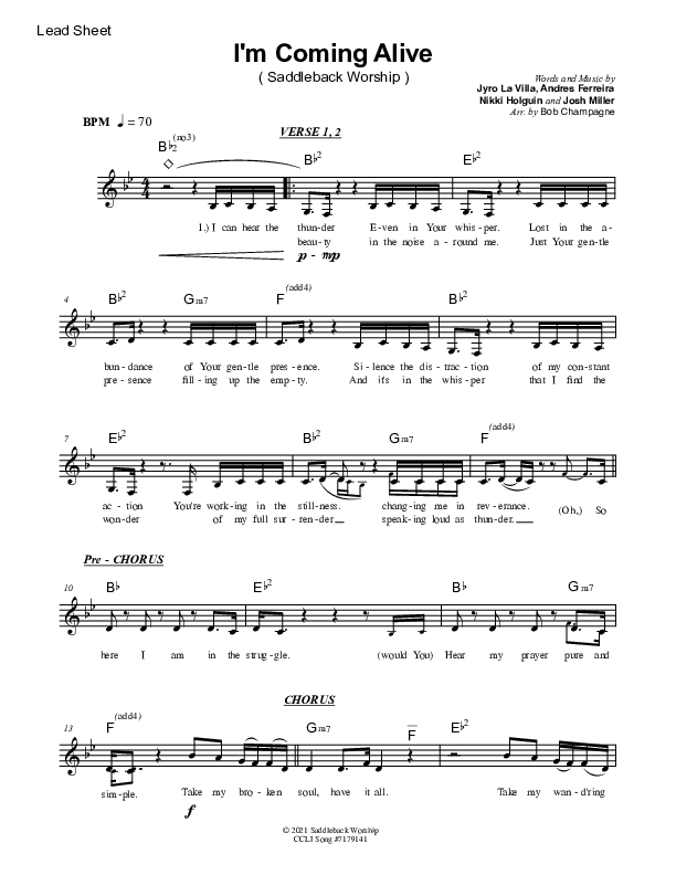 I'm Coming Alive Lead Sheet Melody (Saddleback Worship)