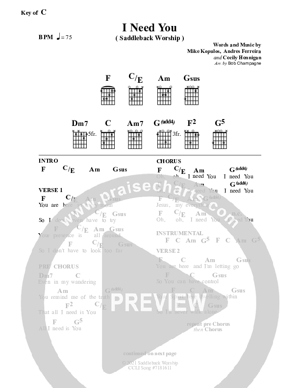 I Need You Chord Chart (Saddleback Worship)