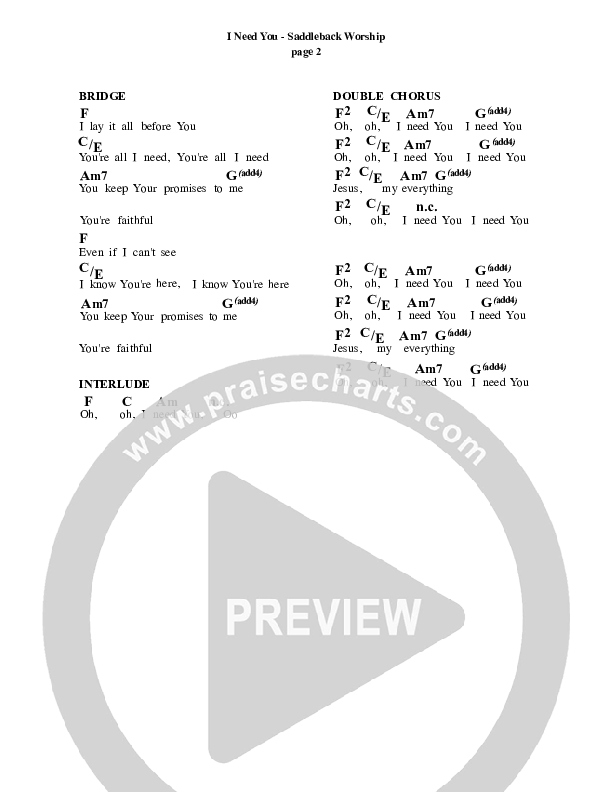 I Need You Chord Chart (Saddleback Worship)