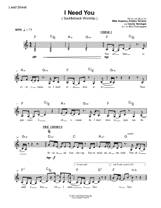 I Need You Lead Sheet Melody (Saddleback Worship)
