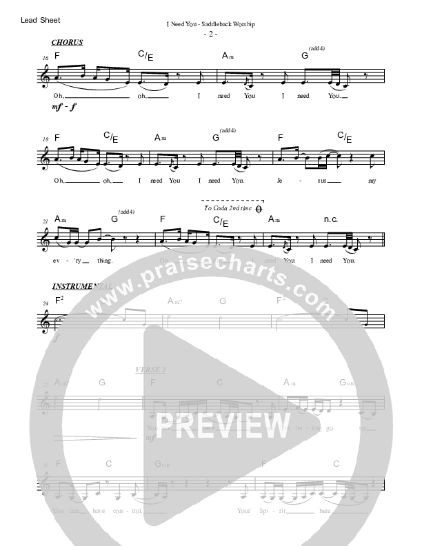 I Need You Lead Sheet Melody (Saddleback Worship)