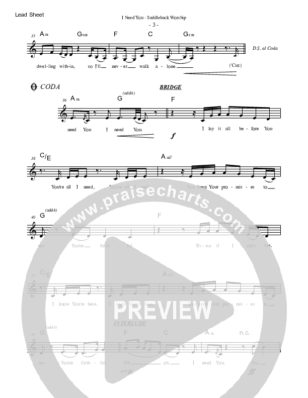 I Need You Lead Sheet Melody (Saddleback Worship)
