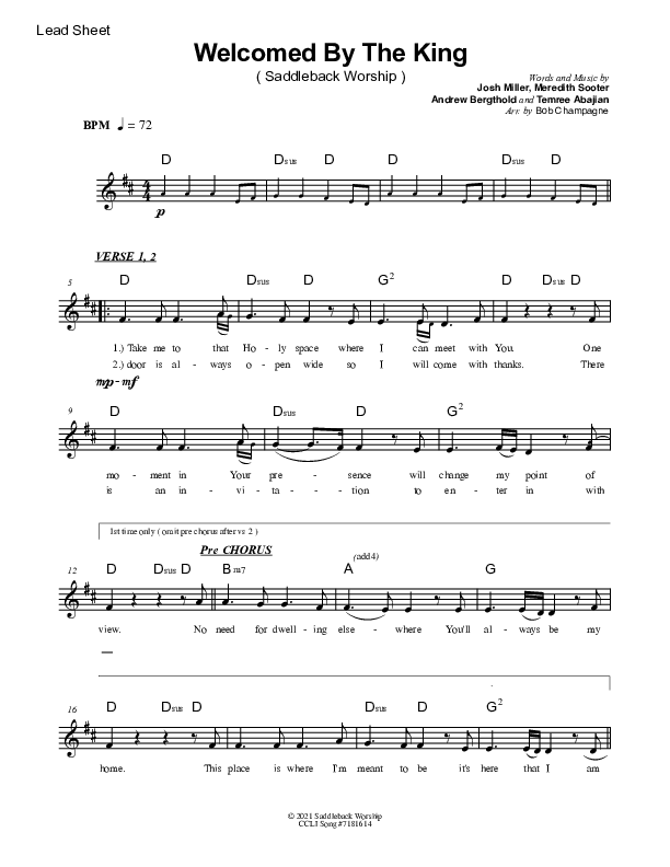 Welcomed By The King Lead Sheet Melody (Saddleback Worship)