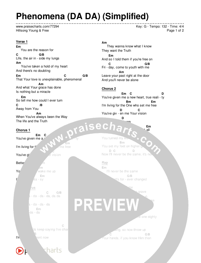 Phenomena (DA DA) (Simplified) Chord Chart (Hillsong Young & Free)