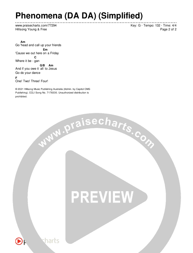 Phenomena (DA DA) (Simplified) Chord Chart (Hillsong Young & Free)